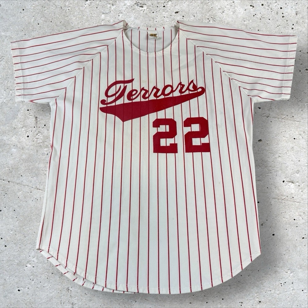 Vintage 70s‎ Red Pinstripe Terrors Baseball Jersey Adult Medium Russell Gold Tag